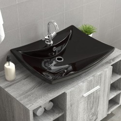 vidaXL Lavabo rectangular cerámica orificio de grifo y desagüe negro 