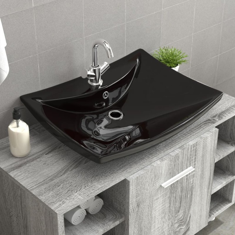 vidaXL Lavabo rectangular cerámica orificio de grifo y desagüe negro vidaXL Lavabo rectangular cerámica orificio de grifo y desagüe negro