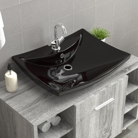 vidaXL Lavabo rectangular cerámica orificio de grifo y desagüe negro 