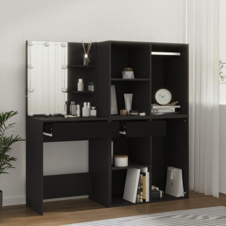 vidaXL Tocador con LED y armarios madera contrachapada negro