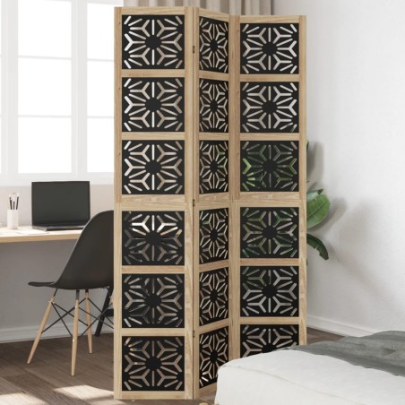 vidaXL Biombo separador 3 paneles madera maciza Paulownia marrón negro