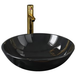 vidaXL Lavabo y grifo tapón pulsador cristal templado negro