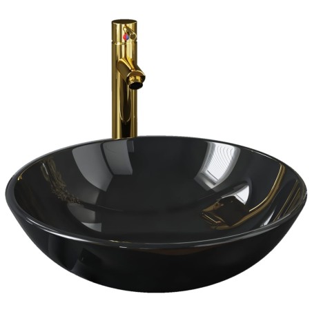 vidaXL Lavabo y grifo tapón pulsador cristal templado negro