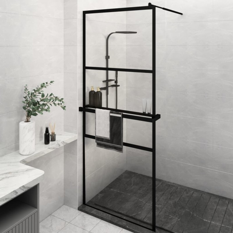 vidaXL Mampara ducha con estante vidrio ESG y aluminio negro 80x195 cm vidaXL Mampara ducha con estante vidrio ESG y aluminio negro 80x195 cm