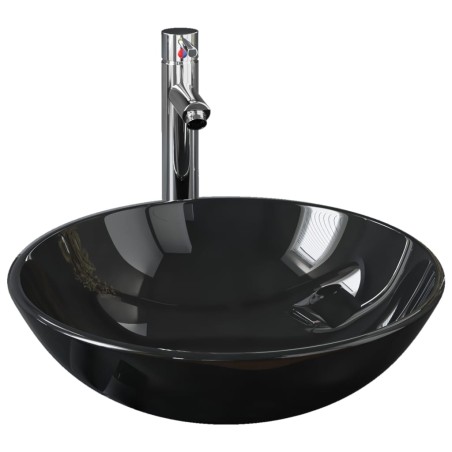 vidaXL Lavabo con grifo y tapón pulsador cristal templado negro