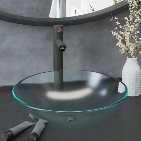 vidaXL Lavabo con grifo y tapón pulsador cristal templado esmerilado