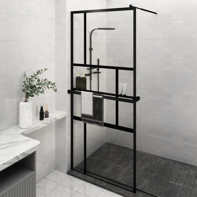 vidaXL Mampara ducha con estante vidrio ESG y aluminio negro 100x195cm vidaXL Mampara ducha con estante vidrio ESG y aluminio negro 100x195cm