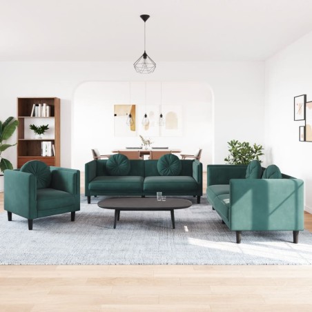 vidaXL Juego de sofás con cojines 3 piezas terciopelo verde oscuro