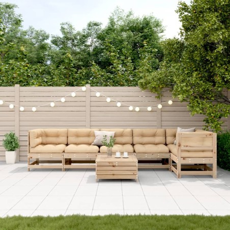 vidaXL Juego de muebles de jardín 7 pzas y cojines madera maciza pino