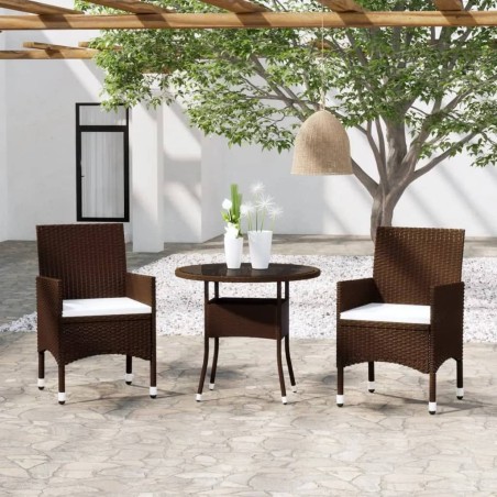 vidaXL Set de bistró de jardín 3 pzas ratán PE vidrio templado marrón