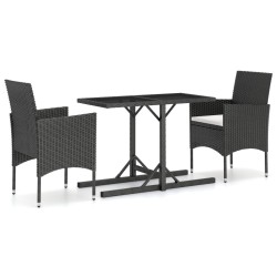 vidaXL Set de comedor de jardín 3 pzas ratán PE vidrio templado negro