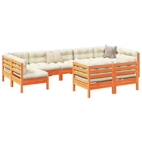 vidaXL Set de sofás jardín 9 pzas con cojines madera pino marrón cera