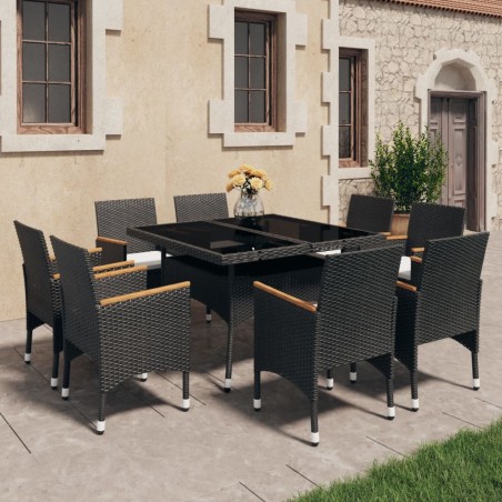 vidaXL Set de comedor de jardín 9 pzas ratán PE vidrio templado negro