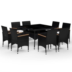 vidaXL Set de comedor de jardín 9 pzas ratán PE vidrio templado negro
