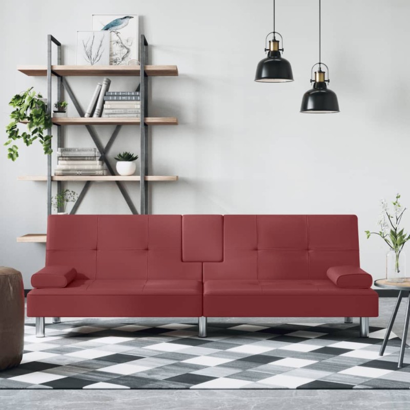 vidaXL Sofá cama con portavasos cuero sintético rojo tinto vidaXL Sofá cama con portavasos cuero sintético rojo tinto