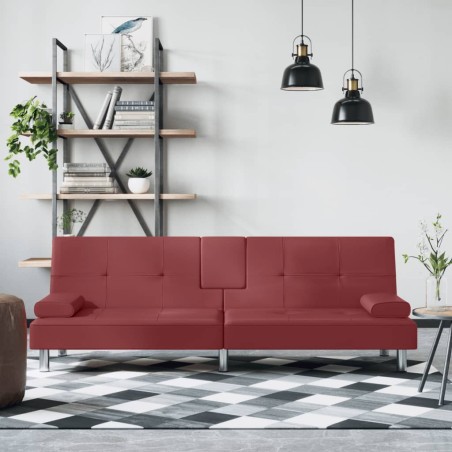vidaXL Sofá cama con portavasos cuero sintético rojo tinto