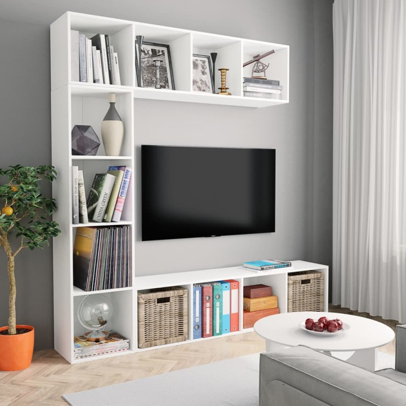 vidaXL Mueble de TV y librería 3 piezas blanco 180x30x180 cm vidaXL Mueble de TV y librería 3 piezas blanco 180x30x180 cm