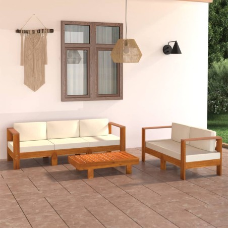 vidaXL Muebles de jardín 5 pzas cojines blanco crema madera de acacia 