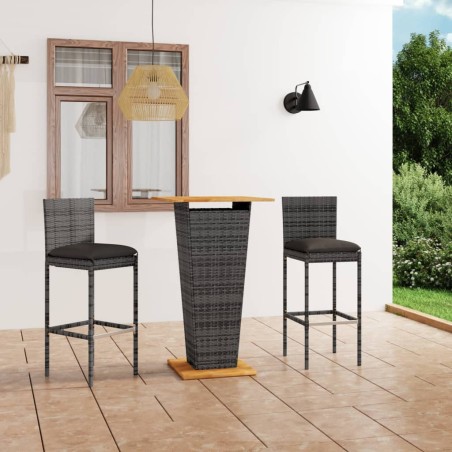vidaXL Set de muebles de bar de jardín 3 pzas y cojines ratán PE gris