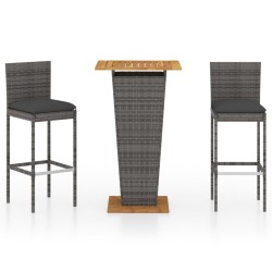 vidaXL Set de muebles de bar de jardín 3 pzas y cojines ratán PE gris