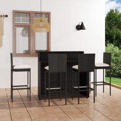 vidaXL Juego de muebles de bar de jardín de 5 piezas y cojines negro