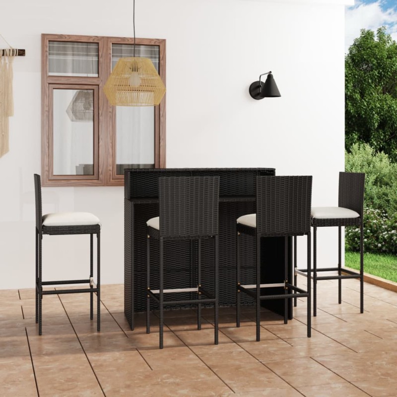 vidaXL Juego de muebles de bar de jardín de 5 piezas y cojines negro vidaXL Juego de muebles de bar de jardín de 5 piezas y cojines negro