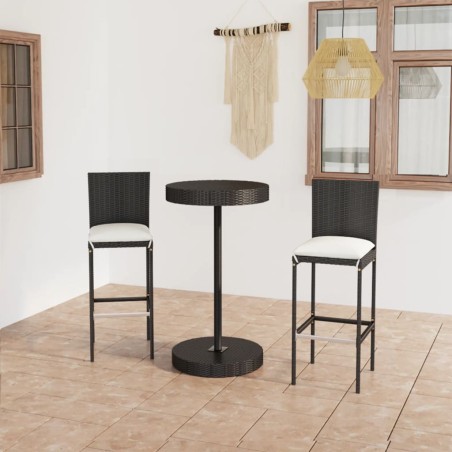 vidaXL Set muebles bar jardín 3 piezas y cojines ratán sintético negro