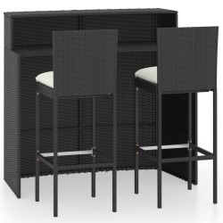 vidaXL Set muebles de bar para jardín 3 piezas y cojines negro