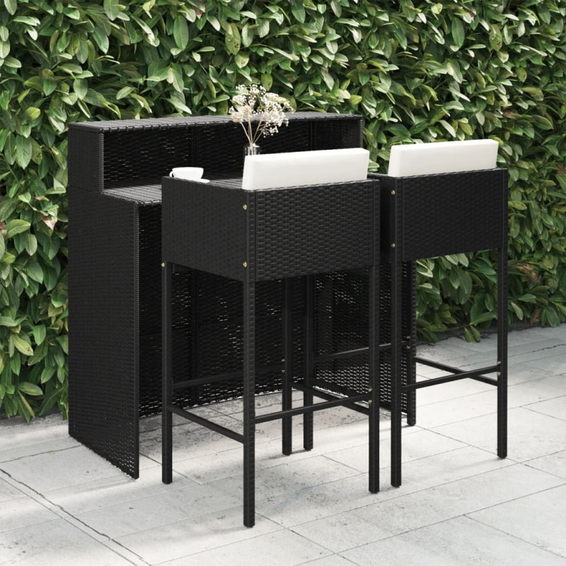 vidaXL Set muebles bar jardín 3 piezas y cojines ratán sintético negro vidaXL Set muebles bar jardín 3 piezas y cojines ratán sintético negro