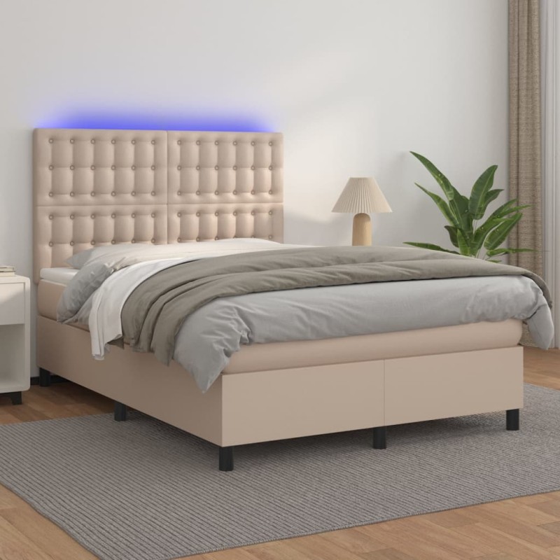 vidaXL Cama box spring colchón LED cuero sintético capuchino 140x190cm vidaXL Cama box spring colchón LED cuero sintético capuchino 140x190cm