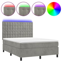 vidaXL Cama box spring colchón y LED terciopelo gris claro 140x190 cm