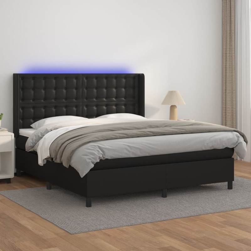 vidaXL Cama box spring colchón y LED cuero sintético negro 160x200 cm vidaXL Cama box spring colchón y LED cuero sintético negro 160x200 cm
