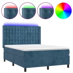 vidaXL Cama box spring colchón y LED terciopelo azul oscuro 140x190 cm