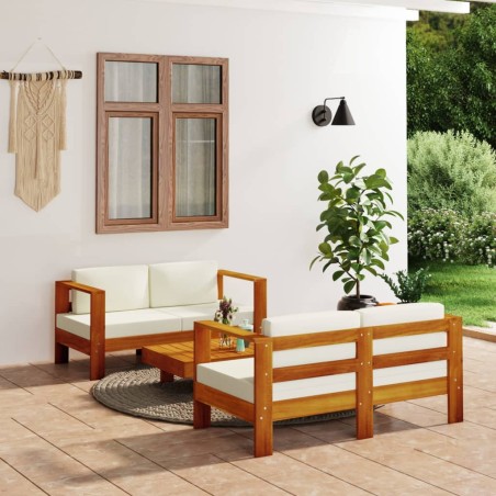 vidaXL Muebles de jardín madera maciza 3 pzas con cojines blanco crema