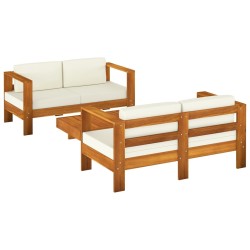 vidaXL Muebles de jardín madera maciza 3 pzas con cojines blanco crema
