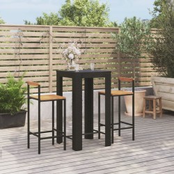 vidaXL Mesa bar y taburetes jardín 3 pzas madera acacia ratán PE negro