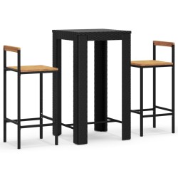 vidaXL Mesa bar y taburetes jardín 3 pzas madera acacia ratán PE negro