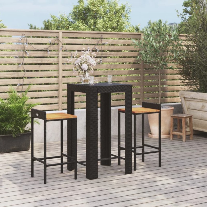 vidaXL Mesa bar y taburetes jardín 3 pzas madera acacia ratán PE negro