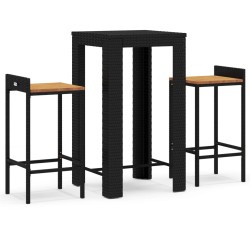 vidaXL Mesa bar y taburetes jardín 3 pzas madera acacia ratán PE negro