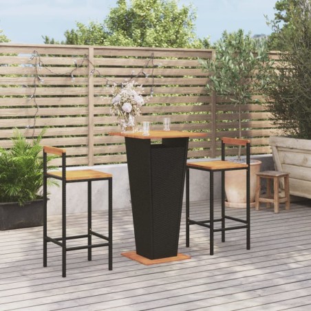 vidaXL Mesa bar y taburetes jardín 3 pzas madera acacia ratán PE negro