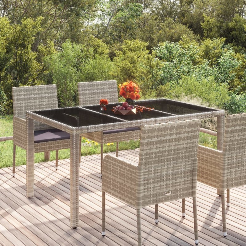 vidaXL Mesa de jardín superficie de vidrio ratán PE gris 150x90x75 cm vidaXL Mesa de jardín superficie de vidrio ratán PE gris 150x90x75 cm