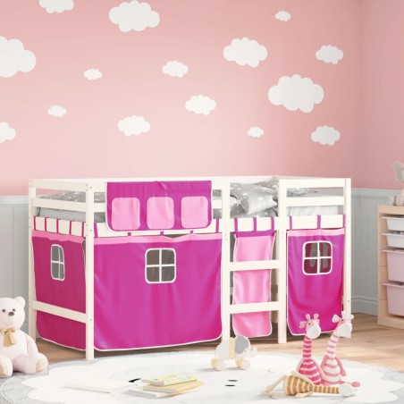 vidaXL Cama alta para niños con cortinas madera pino rosa 90x190 cm