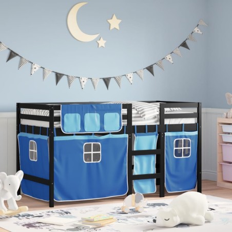 vidaXL Cama alta para niños con cortinas madera pino azul 90x190 cm