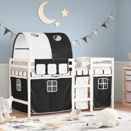 vidaXL Cama alta niños con túnel madera pino blanco negro 80x200 cm