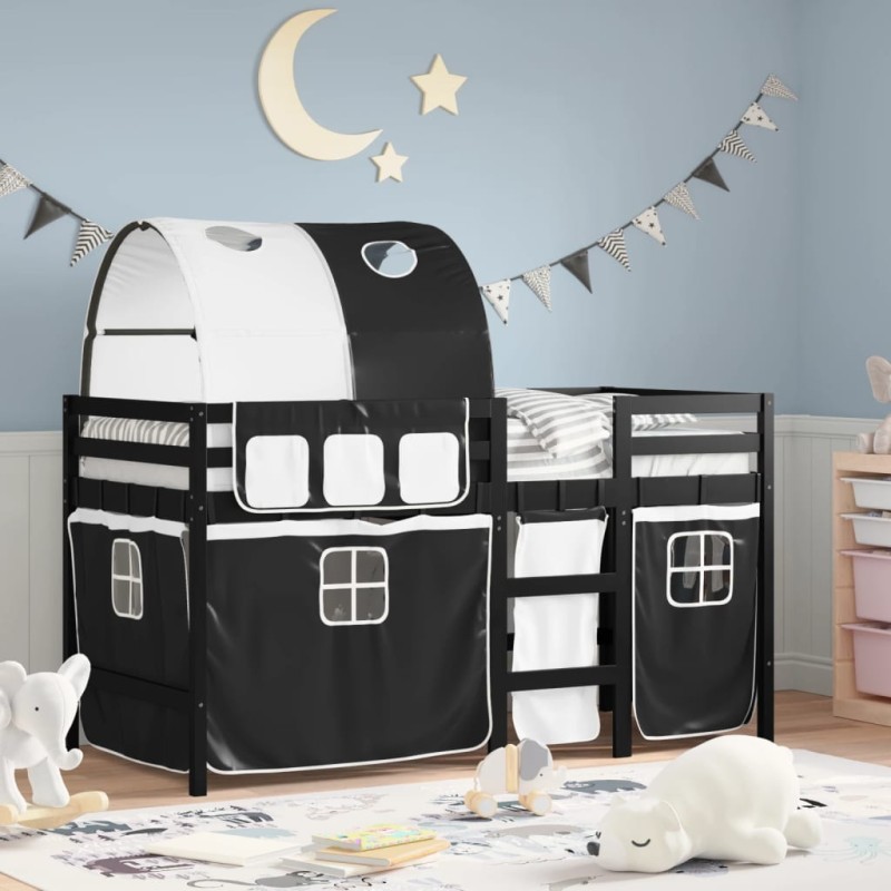 vidaXL Cama alta niños con túnel madera pino blanco negro 90x200 cm vidaXL Cama alta niños con túnel madera pino blanco negro 90x200 cm