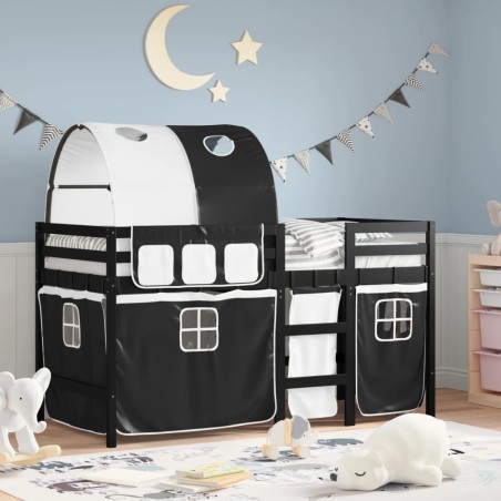vidaXL Cama alta niños con túnel madera pino blanco negro 90x200 cm