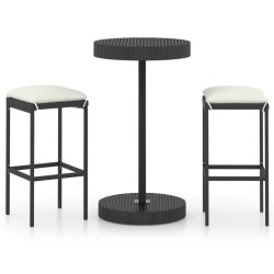 vidaXL Set muebles bar jardín 3 piezas y cojines ratán sintético negro