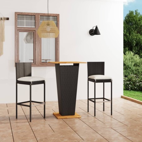 vidaXL Set de muebles de bar jardín 3 piezas y cojines ratán PE negro