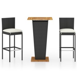 vidaXL Set de muebles de bar jardín 3 piezas y cojines ratán PE negro