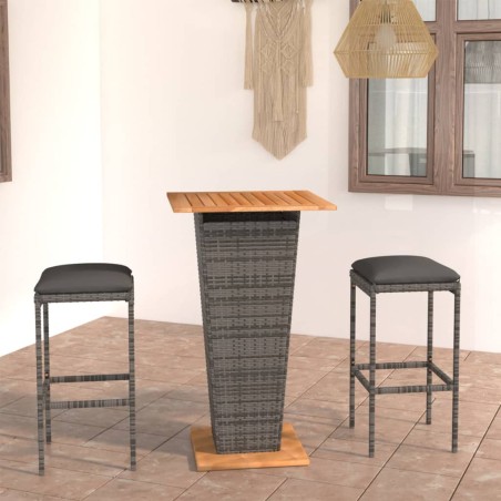vidaXL Set de muebles de bar de jardín 3 pzas y cojines ratán PE gris